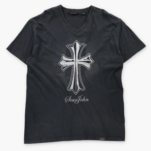 SEAN JOHN Metallic Cross & Crown Black V-Neck T-Shirt (XXXL)