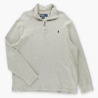 RALPH LAUREN POLO Embroidered Logo 1/4 Zip Vintage Light Grey Knit Sweater (XL)