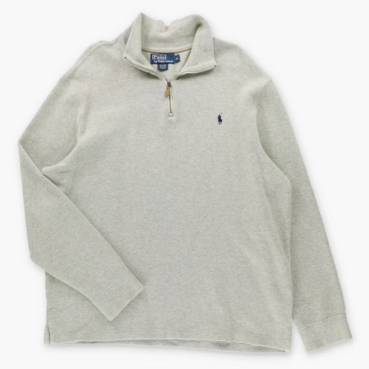 RALPH LAUREN POLO Embroidered Logo 1/4 Zip Vintage Light Grey Knit Sweater (XL)