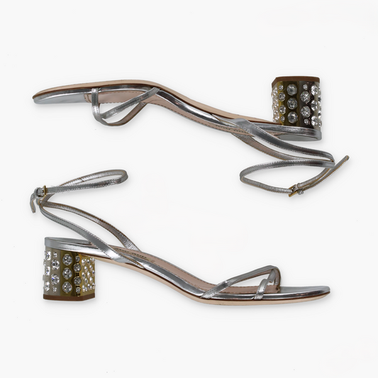 MIU MIU Metallic Silver & Gold Embellished Strappy Block Heel Sandals Italian Made (38.5)