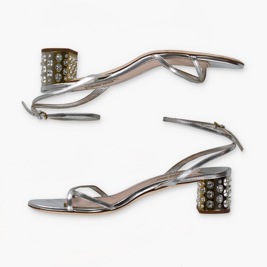 MIU MIU Metallic Silver & Gold Embellished Strappy Block Heel Sandals Italian Made (38.5)