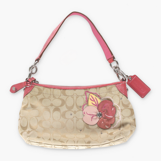 COACH Peach Pink & Beige Monogram Canvas Flower Applique Shoulder Bag