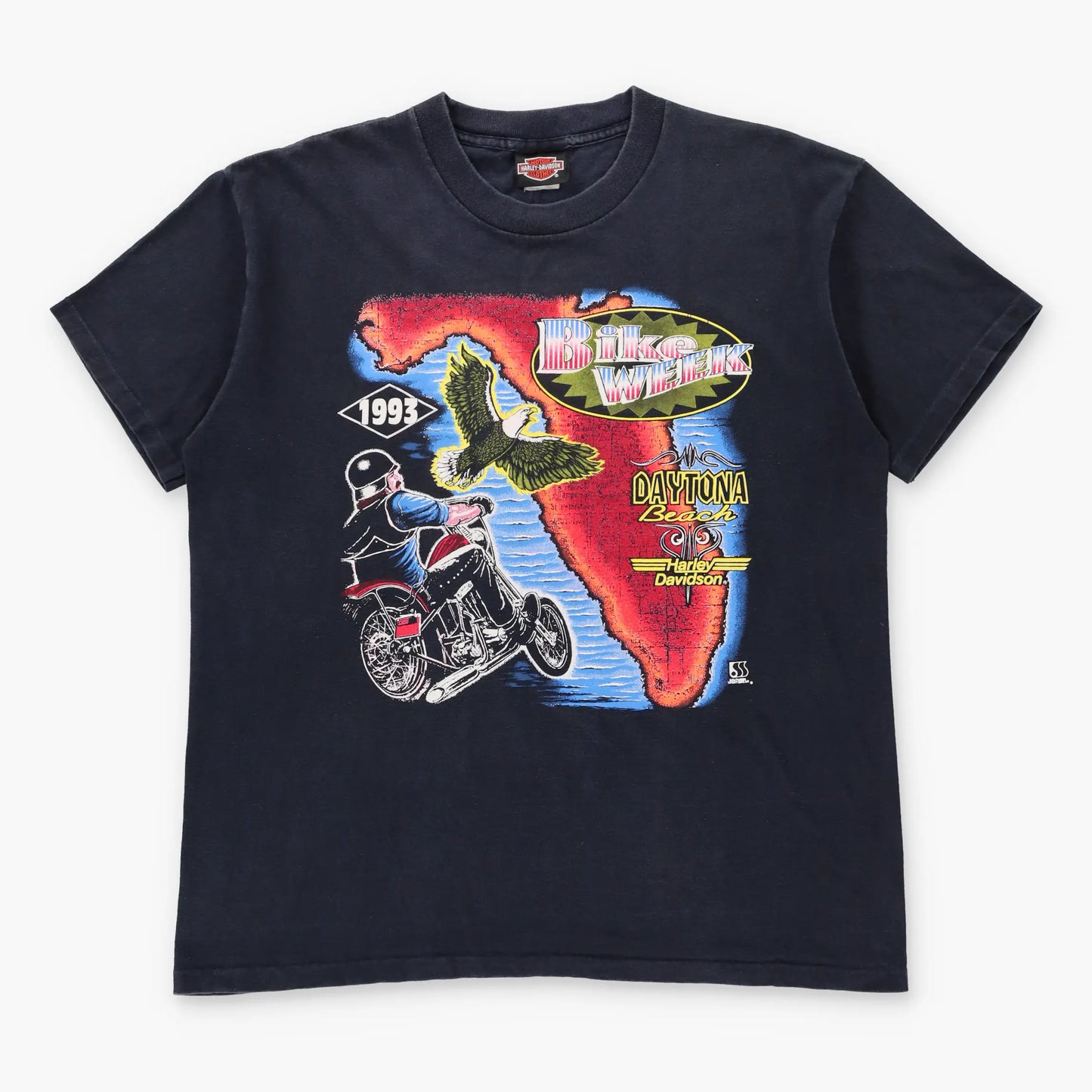 Vintage 1993 HARLEY DAVIDSON Black & Neon Daytona Beach Bike Week Single Stitch Tee USA Made (L)