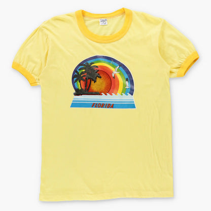 Vintage 1982 Light Yellow & Rainbow Glitter Graphic Florida Ringer Tee (Women's M)