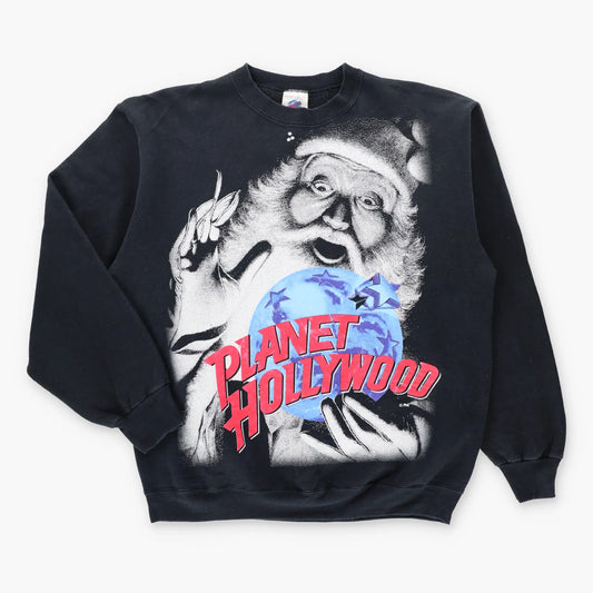 Vintage PLANET HOLLYWOOD Logo & Big Santa Claus USA Made Black Sweatshirt (XL)