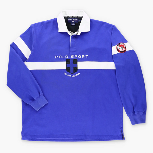 Vintage RALPH LAUREN POLO SPORT Arctic Challenge Embroidered Patch Blue & White Rugby Jumper (L)