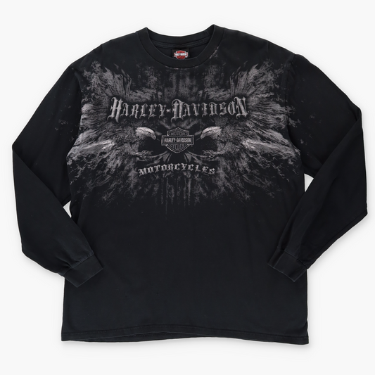HARLEY DAVIDSON Y2K 'Tripp's' Eagle Black & Grey Long Sleeve Motorcycle Tee (XL)