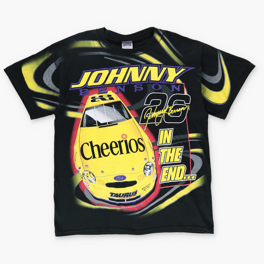 1999 JOHNNY BENSON NASCAR 'In The End...' Cheerios All Over Print Black Tee (XL-XXL)