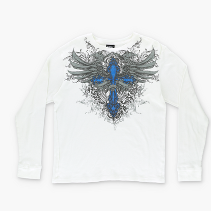 MMA ELITE Y2K Punk Cross Wing Graphic White & Blue Thermal Long Sleeve (M-L)