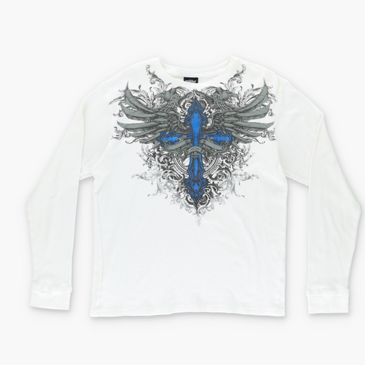 MMA ELITE Y2K Punk Cross Wing Graphic White & Blue Thermal Long Sleeve (M-L)