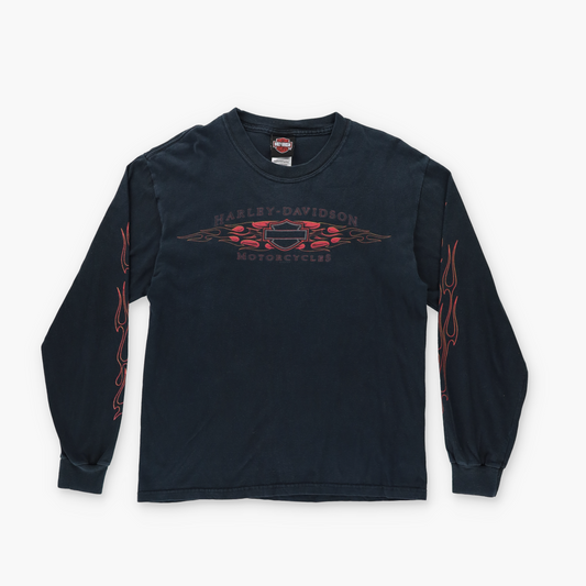 HARLEY DAVIDSON Y2K Baltimore Flame Eagle USA Made Motorcycle Long Sleeve Tee (S)