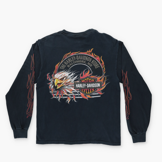 HARLEY DAVIDSON Y2K Baltimore Flame Eagle USA Made Motorcycle Long Sleeve Tee (S)