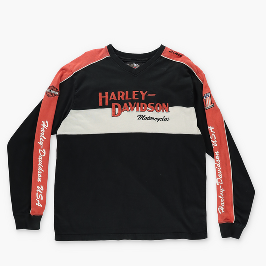 HARLEY DAVIDSON Embroidered Spell Out Logo Orange & Black Sweatshirt (XL)