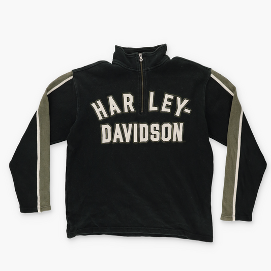HARLEY DAVIDSON Embroidered Spell Out Logo Striped Sleeve 1/4 Zip Knit Sweater (M)