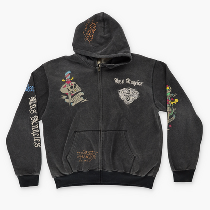 ED HARDY 'USA Made' Y2K Embroidered Graphics Grey Zip-Up Hooded Sweatshirt (XL)