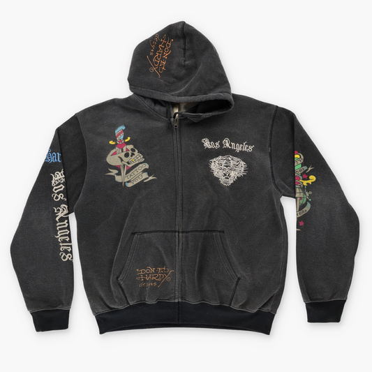 ED HARDY 'USA Made' Y2K Embroidered Graphics Grey Zip-Up Hooded Sweatshirt (XL)