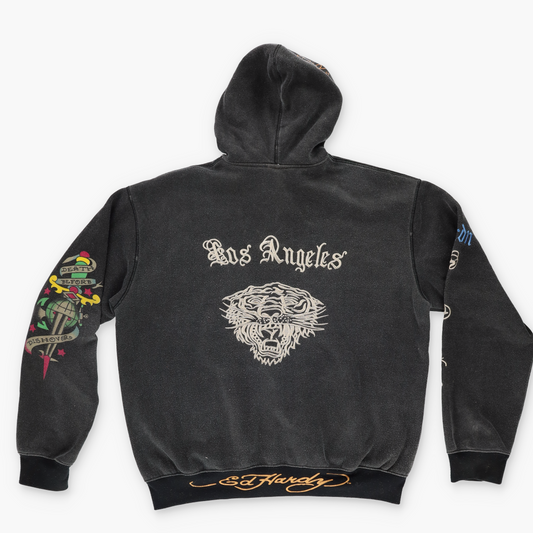 ED HARDY 'USA Made' Y2K Embroidered Graphics Grey Zip-Up Hooded Sweatshirt (XL)