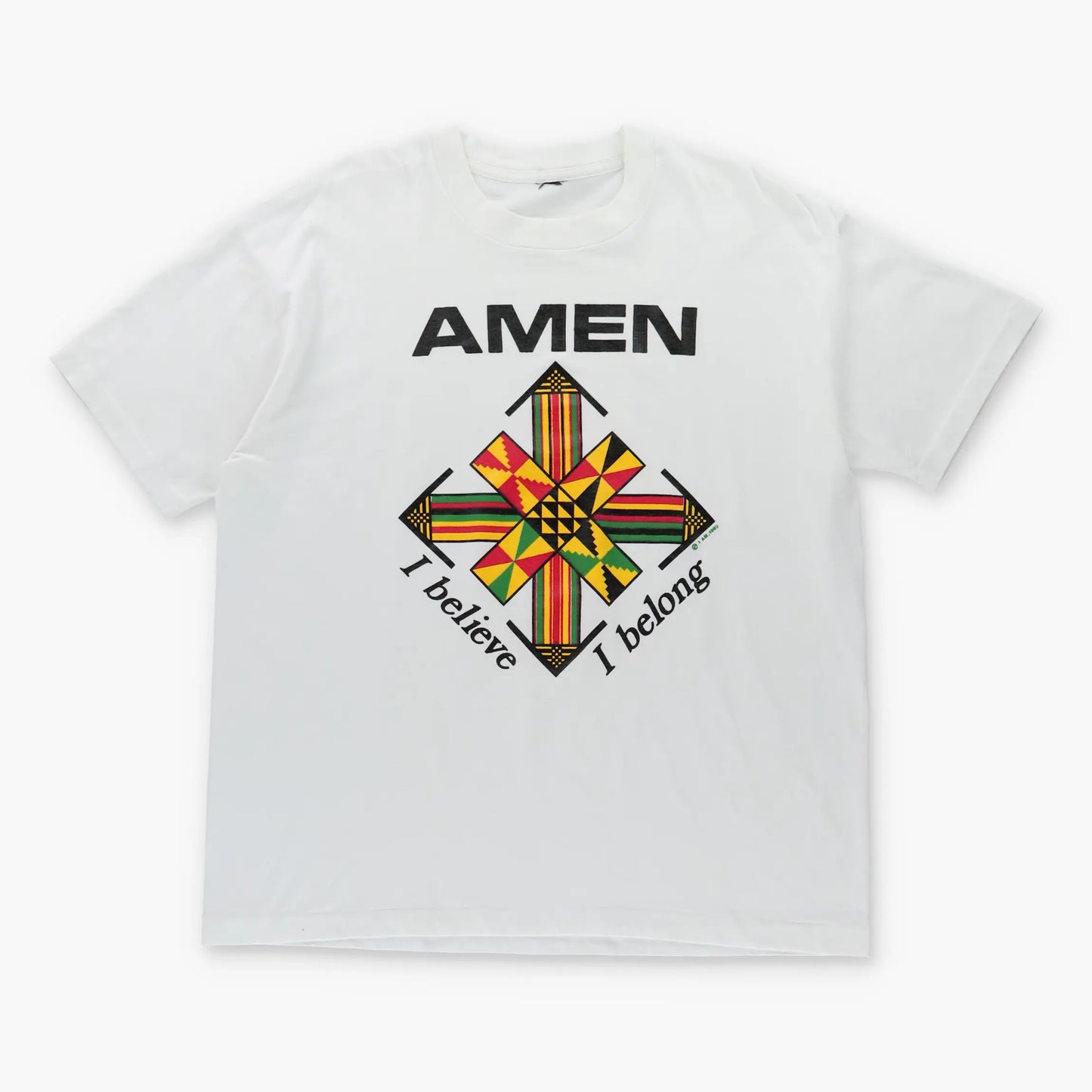 Vintage AMEN Foundation Christian Cross Single Stitch White & Yellow T-Shirt (XL)