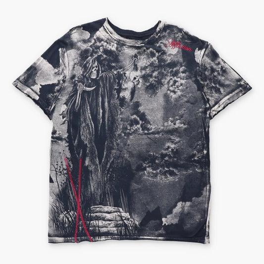 Vintage AFFLICTION Embroidered Spell Out Logo Grim Reaper All Over Print Y2K Tee (XL)