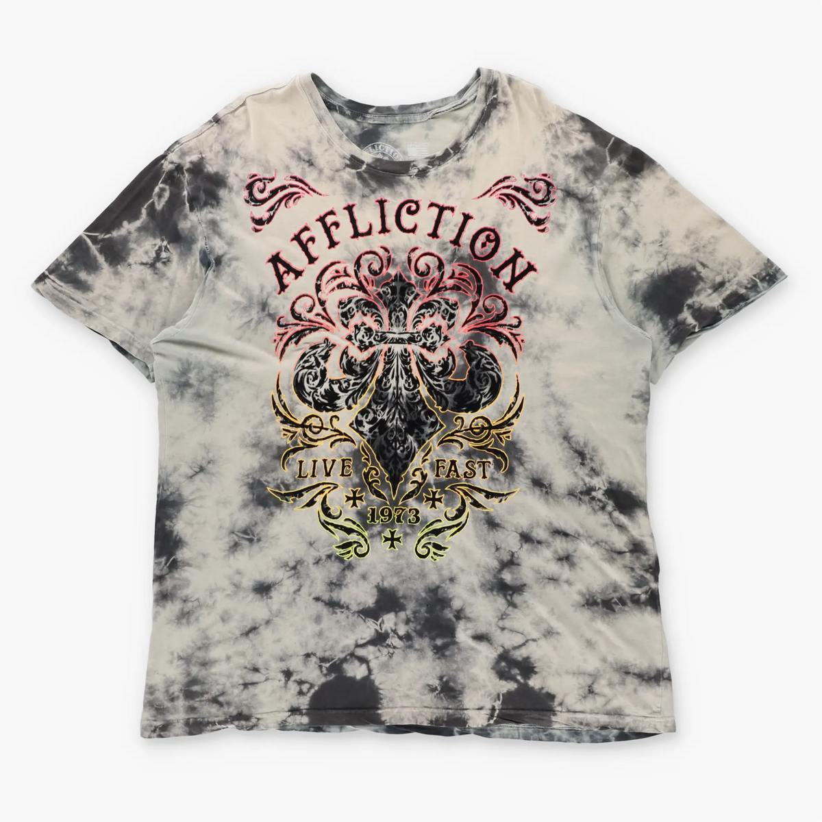 AFFLICTION Rainbow Spell Out Logo & Fleur-De-Lis Grey Tie-Dye Vintage Y2K T-Shirt (XXL)