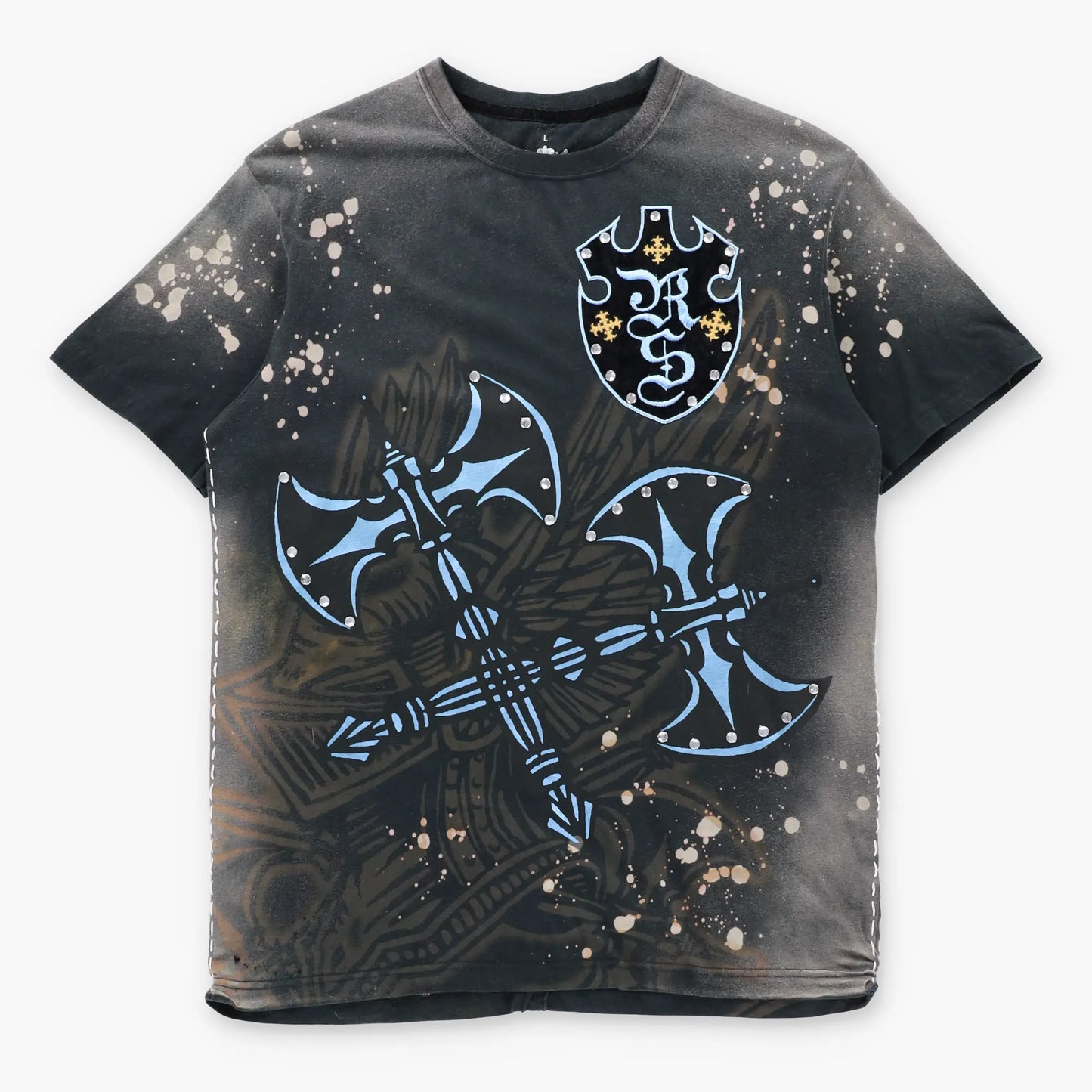 REBEL SPIRIT Vintage Embellished Velour Crest Patch & Embroidered Spell Out Logo Y2K T-Shirt (L)