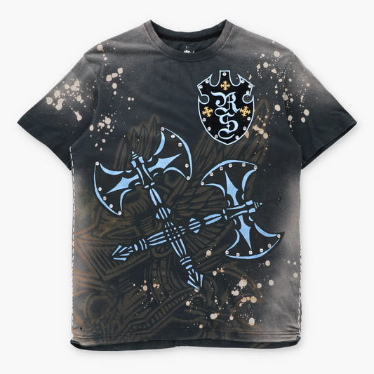 REBEL SPIRIT Vintage Embellished Velour Crest Patch & Embroidered Spell Out Logo Y2K T-Shirt (L)