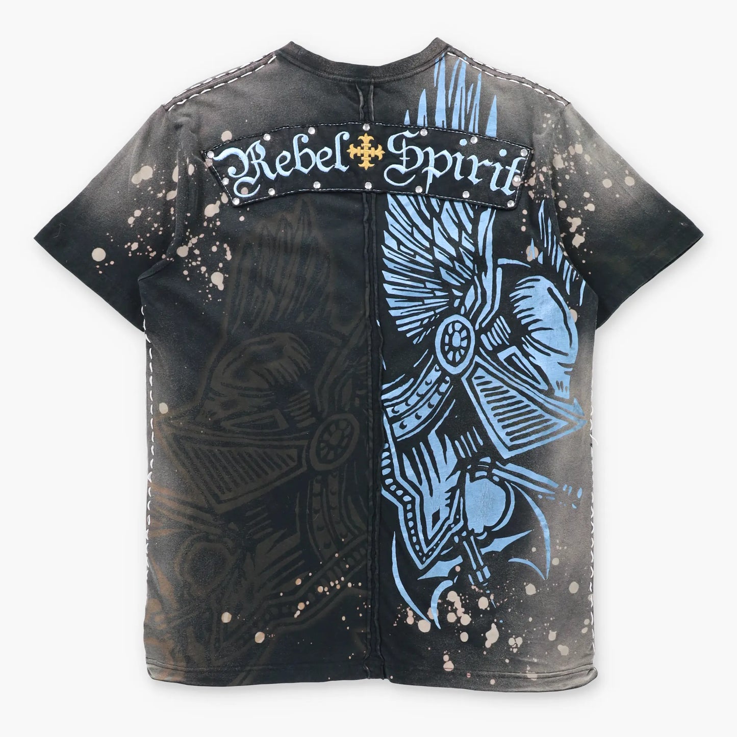 REBEL SPIRIT Vintage Embellished Velour Crest Patch & Embroidered Spell Out Logo Y2K T-Shirt (L)