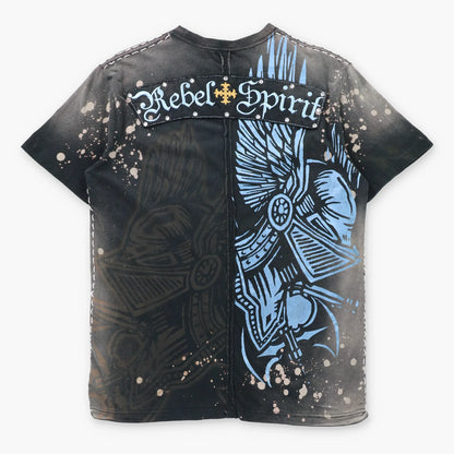 REBEL SPIRIT Vintage Embellished Velour Crest Patch & Embroidered Spell Out Logo Y2K T-Shirt (L)