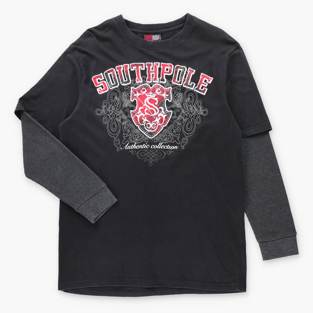 SOUTHPOLE 'Authentic Collection' Black & Red Plaid Embroidered Logo Patch Waffle Sleeve Vintage Y2K Long Sleeve Tee (L TALL)
