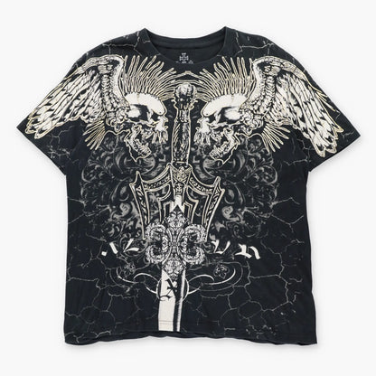 Vintage XAR XZAVIER Gold Foil Sword & Skulls Y2K Black T-Shirt (XL)