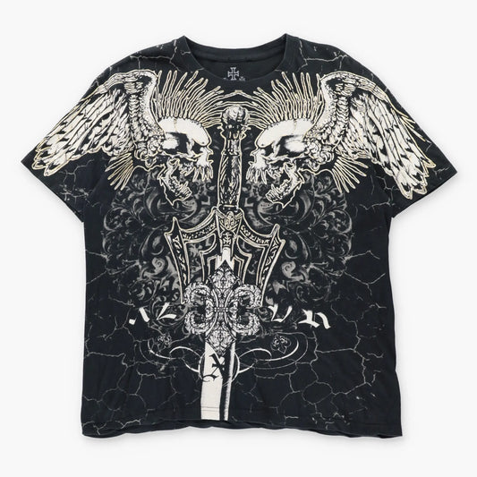 Vintage XAR XZAVIER Gold Foil Sword & Skulls Y2K Black T-Shirt (XL)