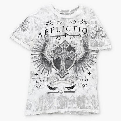 AFFLICTION Velvet Spell Out Logo 'Lost Souls' Reversible USA Made Grey & White Vintage Y2K T-Shirt (L TALL)