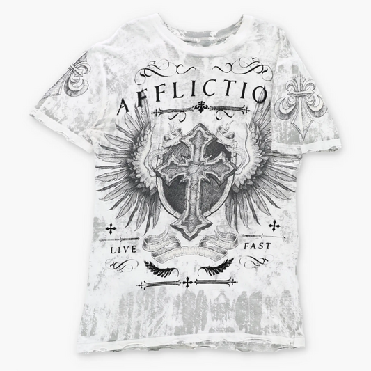 AFFLICTION Velvet Spell Out Logo 'Lost Souls' Reversible USA Made Grey & White Vintage Y2K T-Shirt (L TALL)