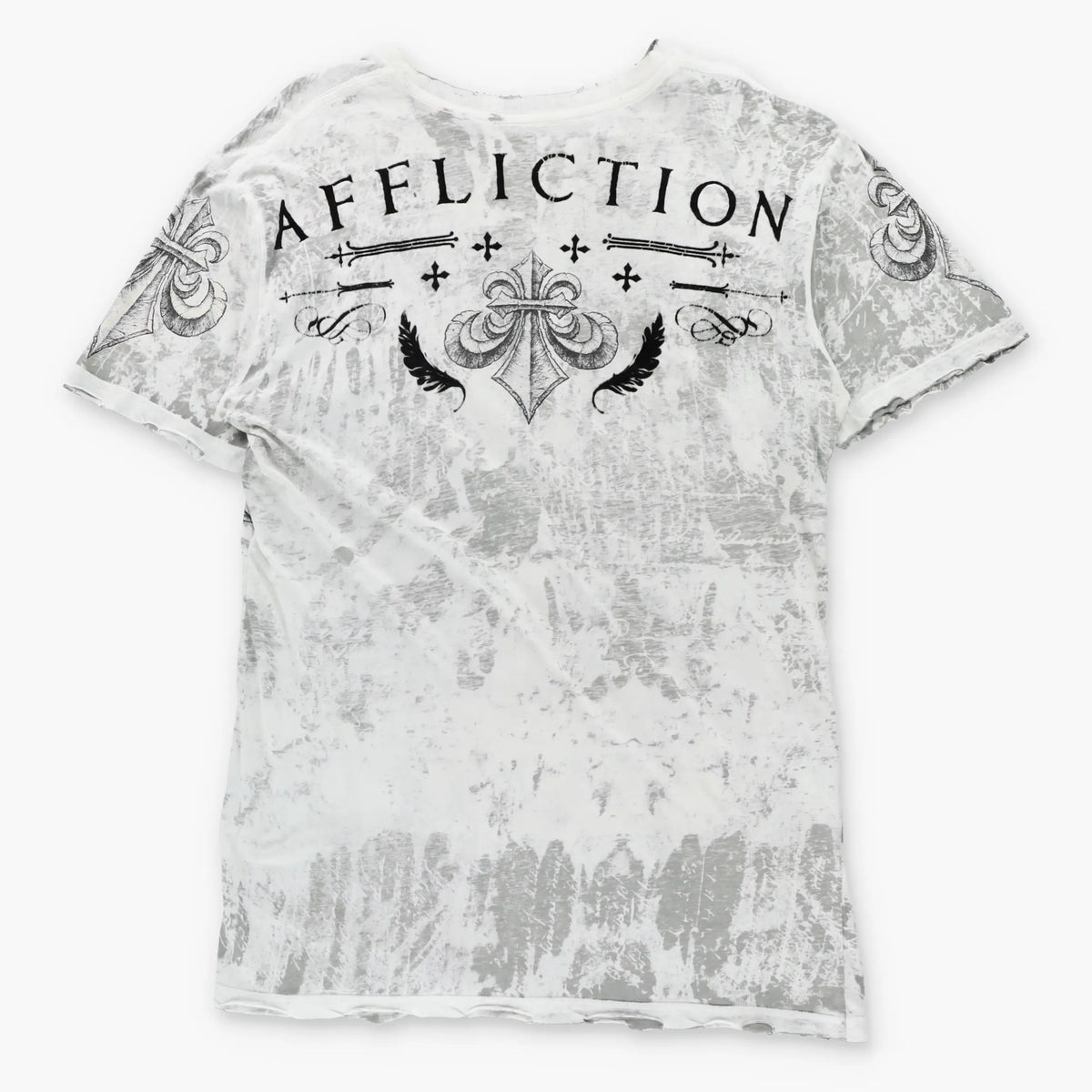 AFFLICTION Velvet Spell Out Logo 'Lost Souls' Reversible USA Made Grey & White Vintage Y2K T-Shirt (L TALL)