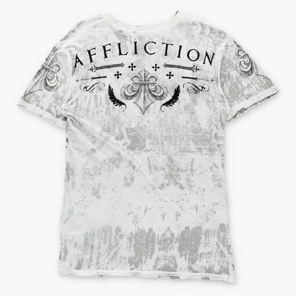 AFFLICTION Velvet Spell Out Logo 'Lost Souls' Reversible USA Made Grey & White Vintage Y2K T-Shirt (L TALL)