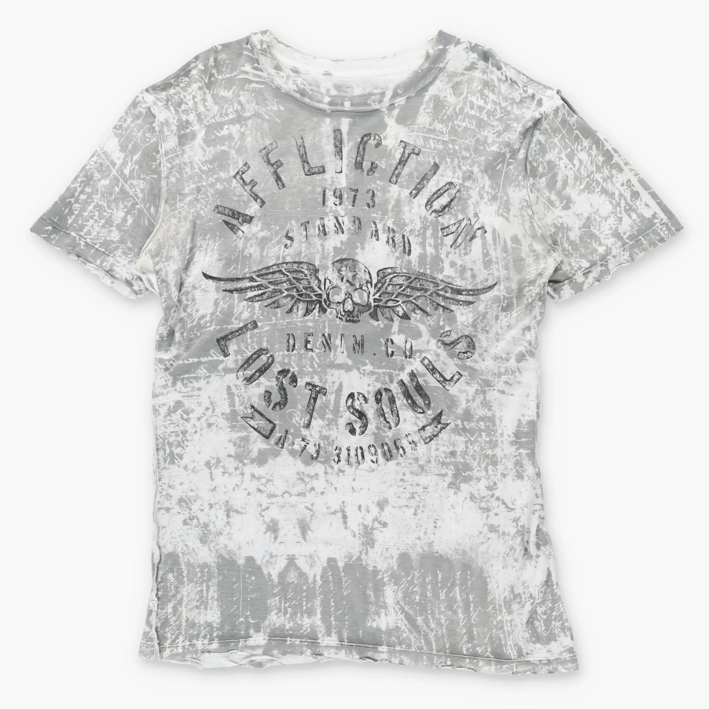 AFFLICTION Velvet Spell Out Logo 'Lost Souls' Reversible USA Made Grey & White Vintage Y2K T-Shirt (L TALL)