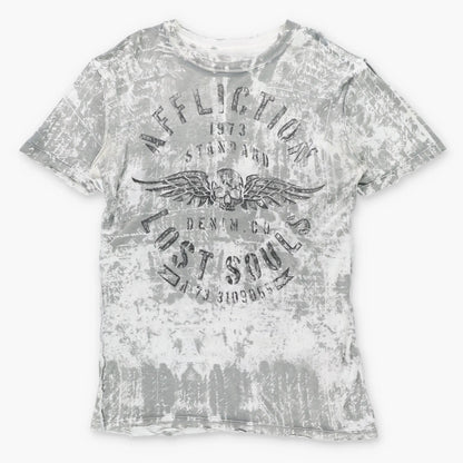AFFLICTION Velvet Spell Out Logo 'Lost Souls' Reversible USA Made Grey & White Vintage Y2K T-Shirt (L TALL)