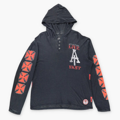 AFFLICTION "Live Fast" 1/4 Button Vintage Black & Orange Y2K Long Sleeve Hoodie Tee (XL)