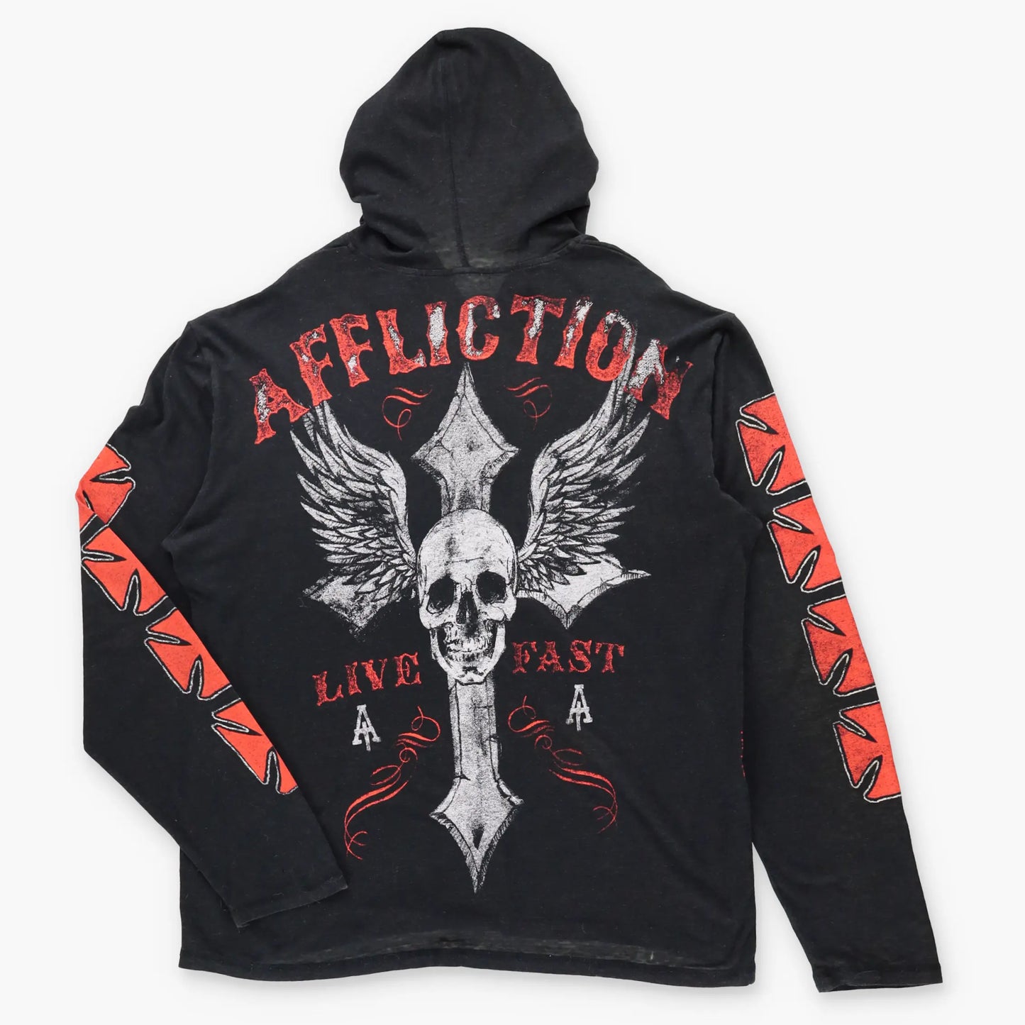 AFFLICTION "Live Fast" 1/4 Button Vintage Black & Orange Y2K Long Sleeve Hoodie Tee (XL)