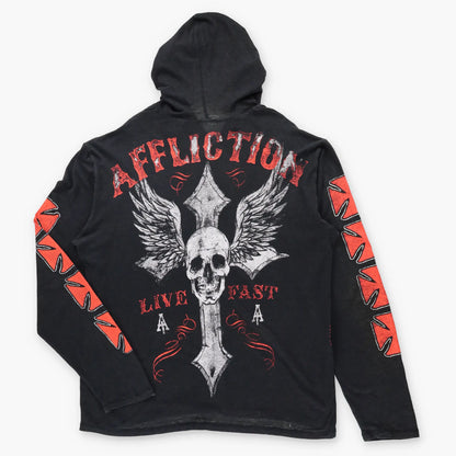 AFFLICTION "Live Fast" 1/4 Button Vintage Black & Orange Y2K Long Sleeve Hoodie Tee (XL)