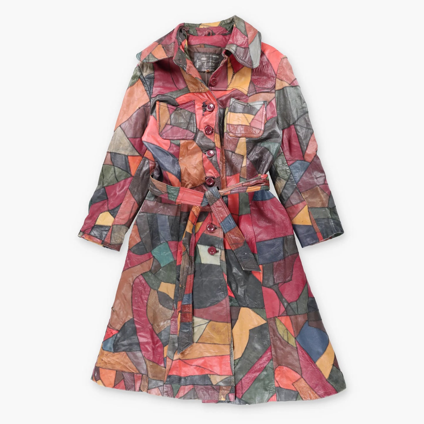 Vintage 70s THE TANNERY Multicolour Patchwork Button Up Leather Trench Coat (S-M)