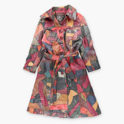 Vintage 70s THE TANNERY Multicolour Patchwork Button Up Leather Trench Coat (S-M)