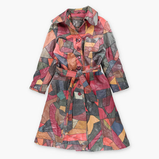 Vintage 70s THE TANNERY Multicolour Patchwork Button Up Leather Trench Coat (S-M)