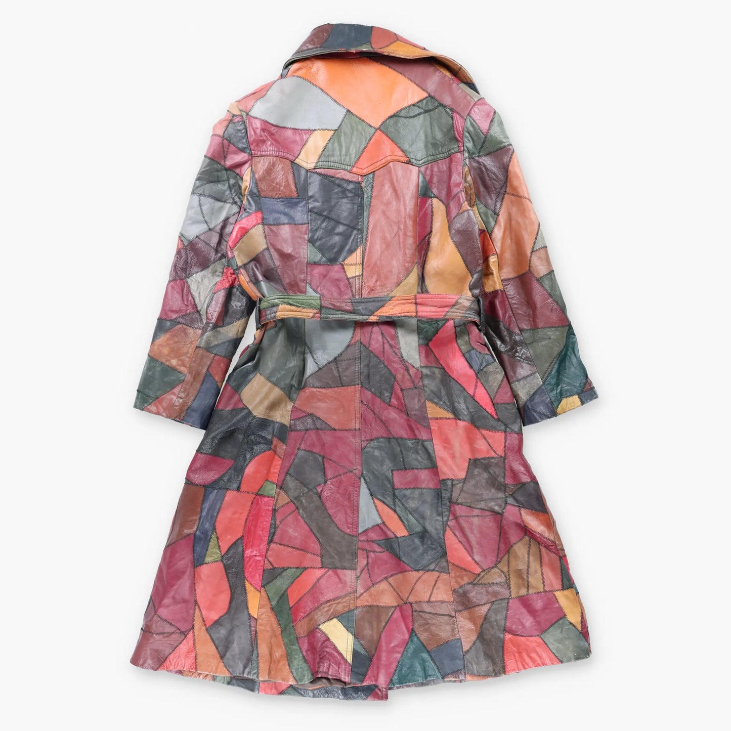Vintage 70s THE TANNERY Multicolour Patchwork Button Up Leather Trench Coat (S-M)