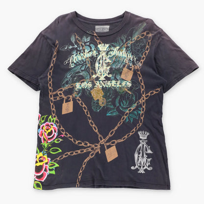 Vintage CHRISTIAN AUDIGIER Blue Foil & Velvet Detail Locked Chains USA Made Y2K Tee (M)