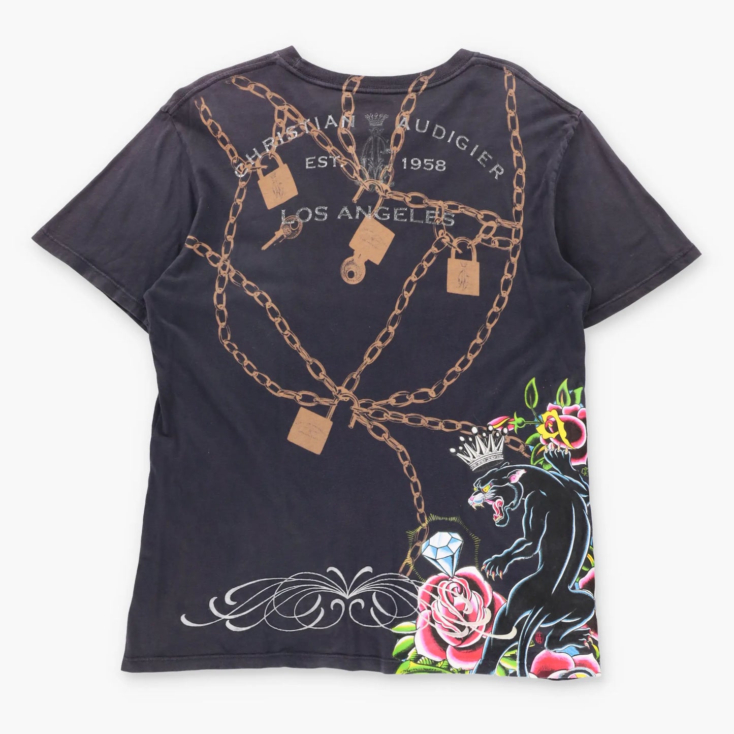 Vintage CHRISTIAN AUDIGIER Blue Foil & Velvet Detail Locked Chains USA Made Y2K Tee (M)