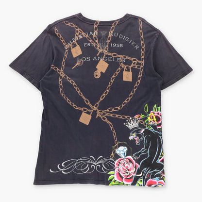 Vintage CHRISTIAN AUDIGIER Blue Foil & Velvet Detail Locked Chains USA Made Y2K Tee (M)