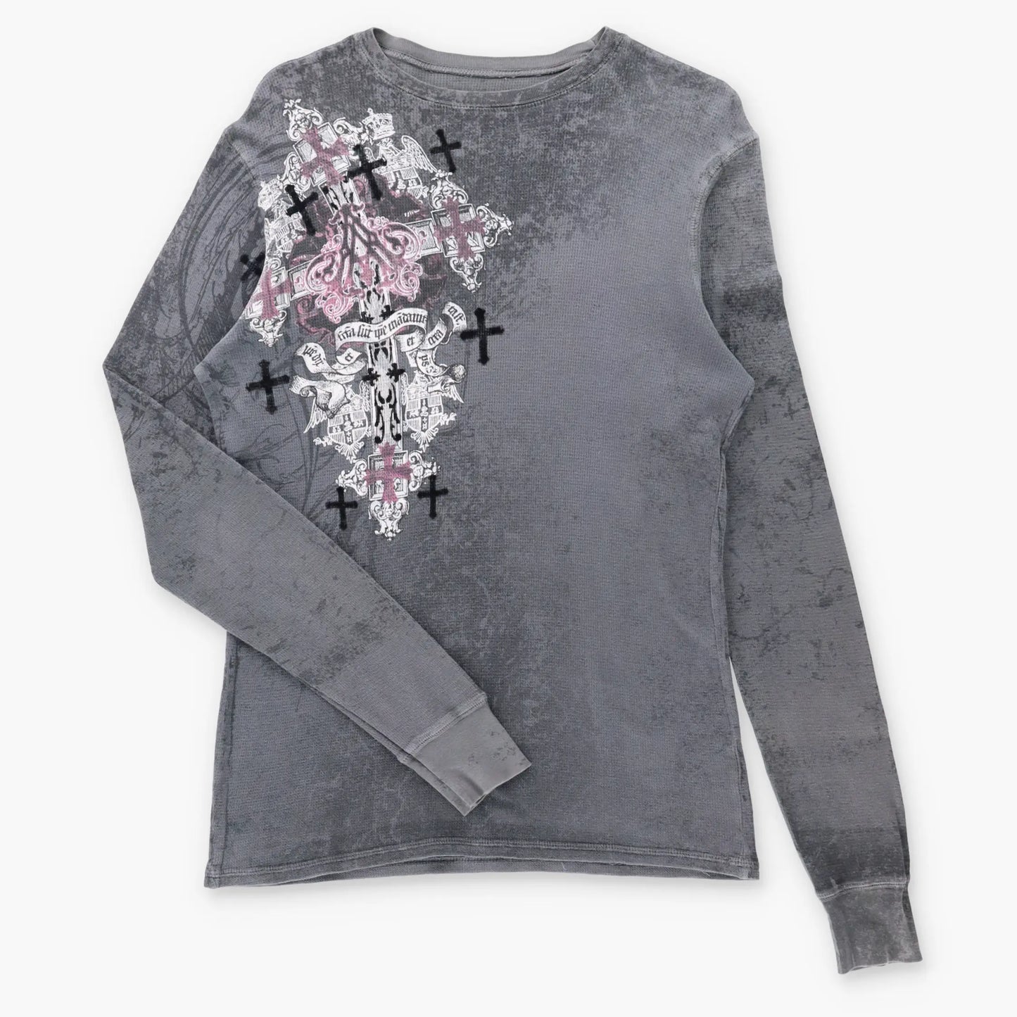 Vintage ARCHAIC AFFLICTION Velvet Cross Detail Grey Y2K Waffle Knit Thermal Long Sleeve Tee USA Made (M TALL)
