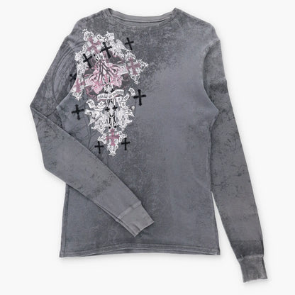 Vintage ARCHAIC AFFLICTION Velvet Cross Detail Grey Y2K Waffle Knit Thermal Long Sleeve Tee USA Made (M TALL)
