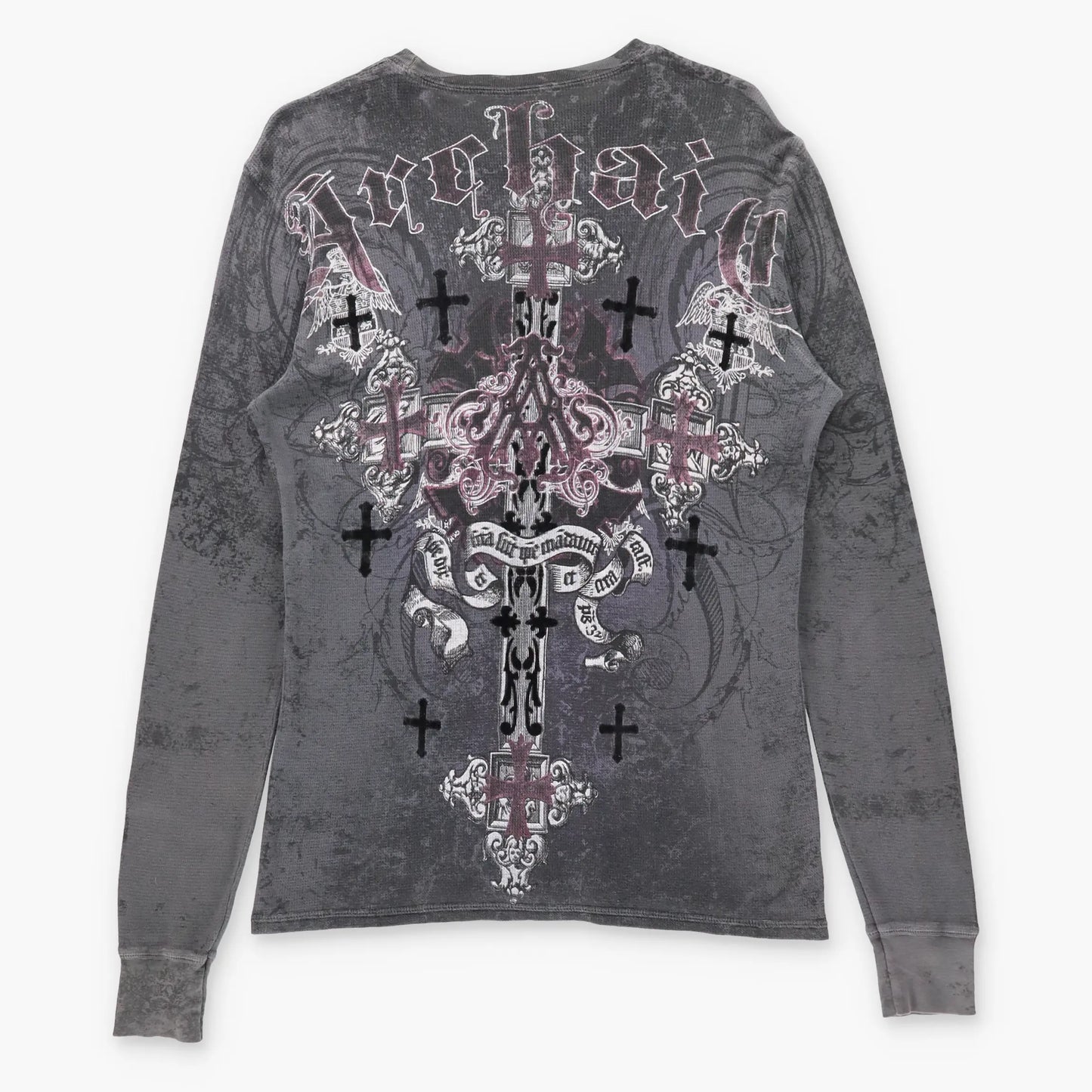 Vintage ARCHAIC AFFLICTION Velvet Cross Detail Grey Y2K Waffle Knit Thermal Long Sleeve Tee USA Made (M TALL)